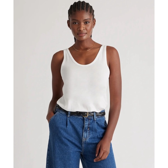 QUINCE • White Cotton Modal Double Scoop Neck Tank Tee Shirt - Picture 2 of 7